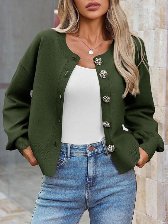 Saodimallsu womens button up cardigan sweaters fall trendy long lantern sleeve knit crew neck sweater jacket