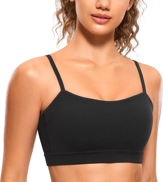 CRZ YOGA Butterluxe Womens Adjustable Spaghetti Thin Strap Sports Bra - Padded Wireless Square Neck Workout Yoga Clothes - Light Impact - Light support - Under $25