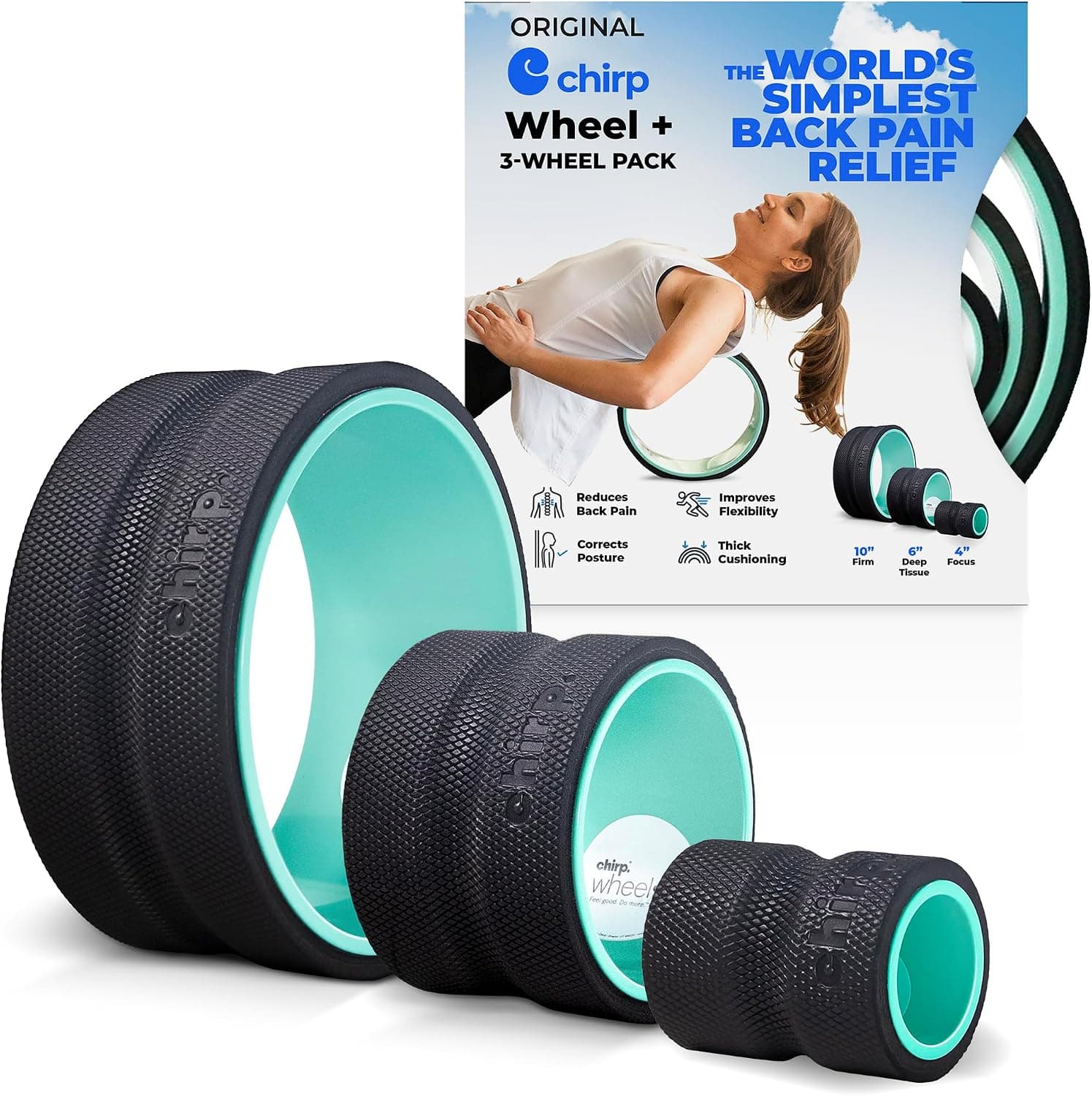 Chirp wheel foam roller trio arranged in a living room