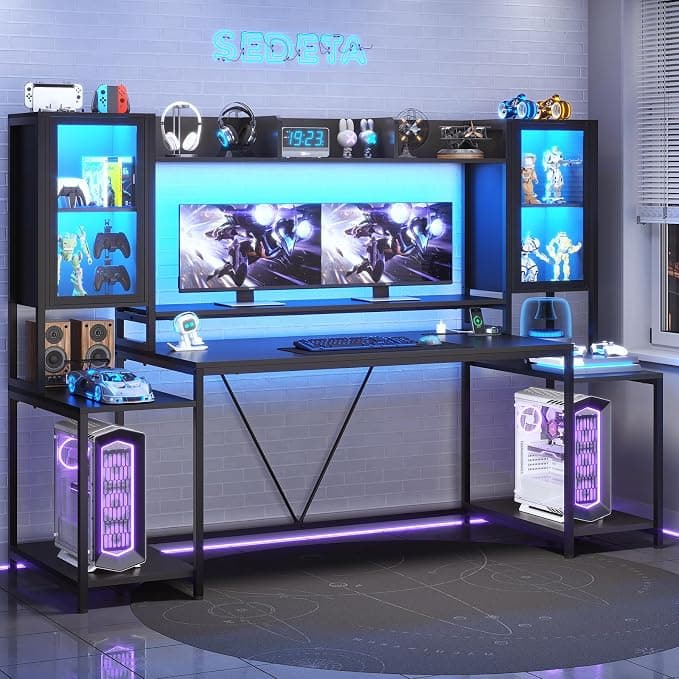 SEDETA Gaming Desk 74.8'' with LED Lights, Hutch and Storage Shelves