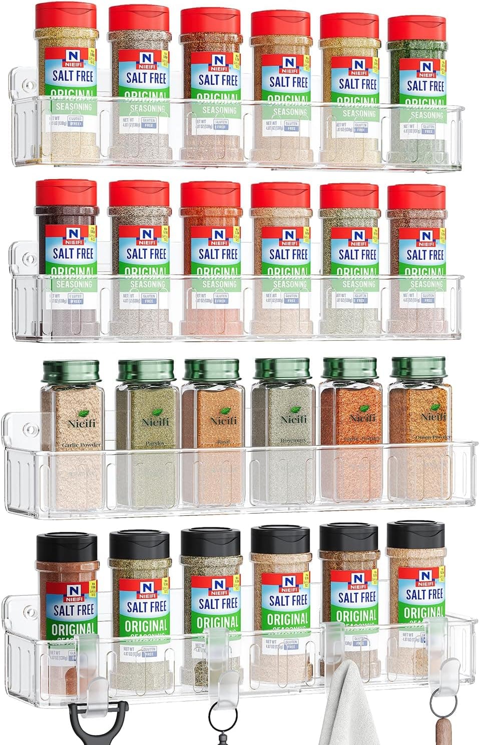 Nieifi Spice Rack Wall Mount, 4 Pack, Clear, Screw or Adhesive Installation, Spice Rack Organizer for Your Kitchen Cabinet or Pantry Door