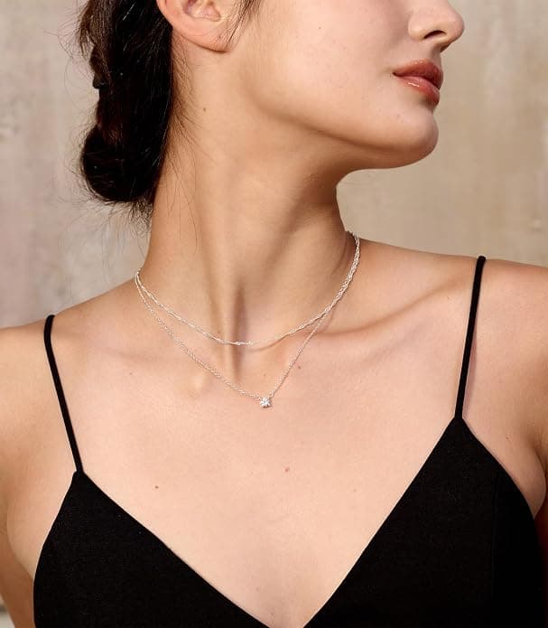 Tewiky Cubic Zirconia Silver Necklaces for Women, Dainty S925 Sterling Silver Choker Necklace Simple CZ Jewelry Necklaces for Women Trendy Gifts