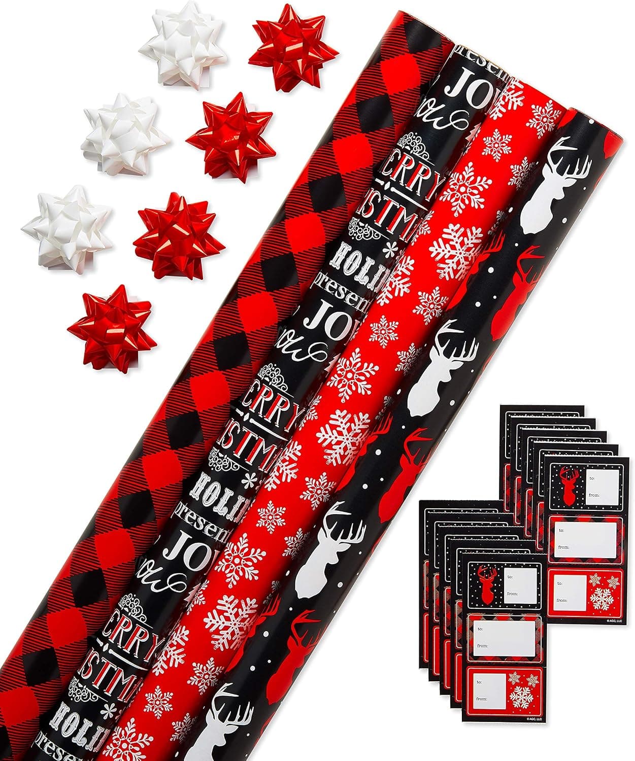 American Greetings Christmas wrapping paper with red and black buffalo plaid design