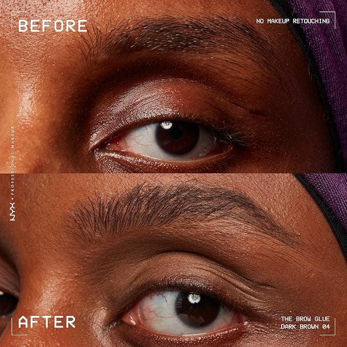 Laminated Brows trend - NYX PROFESSIONAL MAKEUP The Brow Glue, Extreme Hold Tinted Eyebrow Gel - Dark Brown product image showing the affordable Amazon dupe for achieving this makeup look