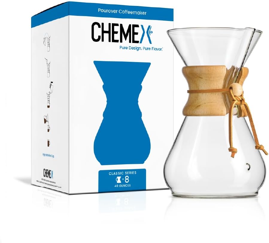 Chemex 8-cup classic pour-over coffee maker with wooden collar and leather tie
