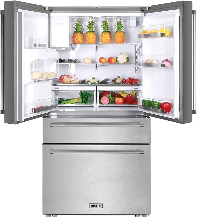 KOSTCH 36-inch 21.6 cu ft French Door Refrigerator with Ice and Water Dispenser, Stainless Steel