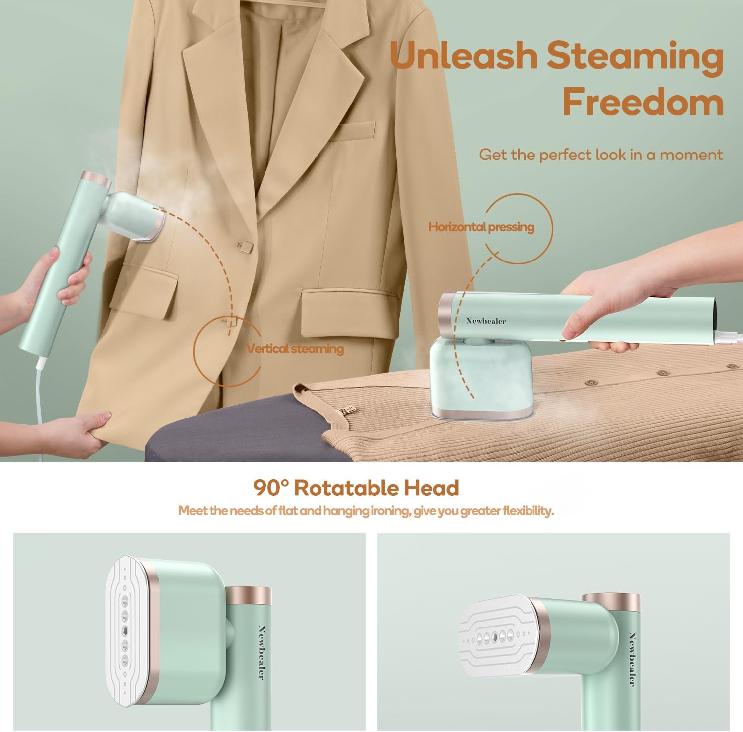 Newbealer Steamer for Clothes, 1200W Portable Steam Iron, 2 Steam Levels, Horizontal and Vertical Steaming, Dry Ironing, 15s Heat Up, Rotatable, 302°F Garment Wrinkle Remover, Green (120V Only)