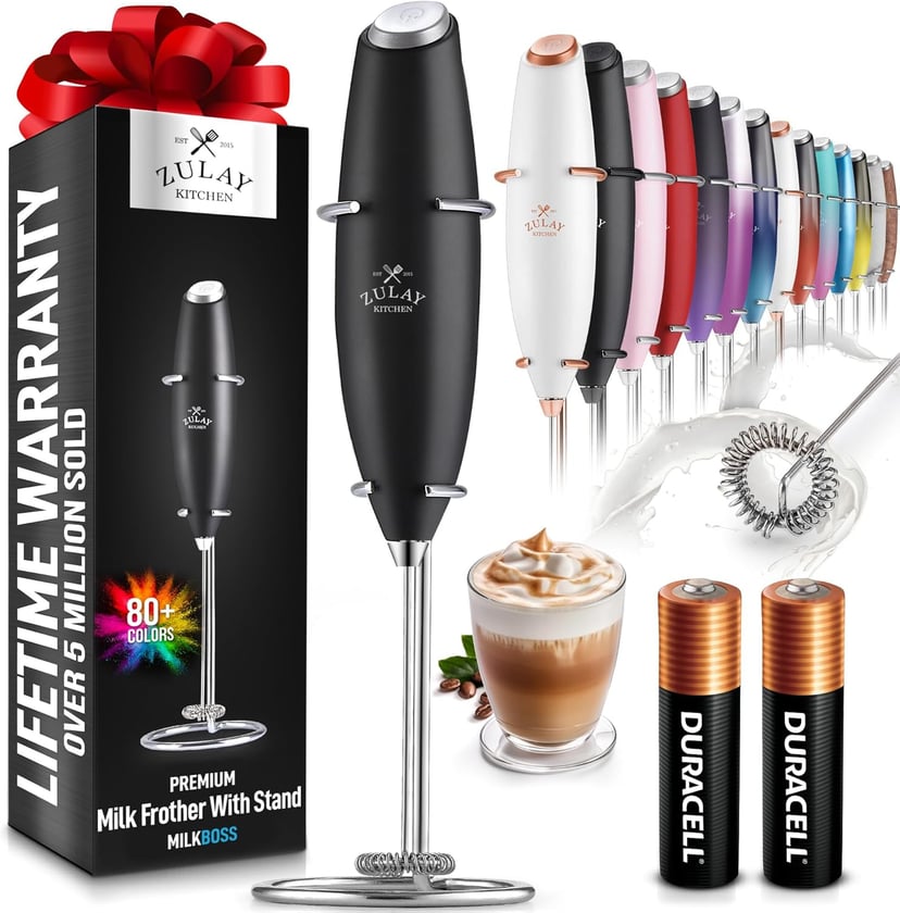 Zulay handheld foam maker in matte black with stainless whisk and stand