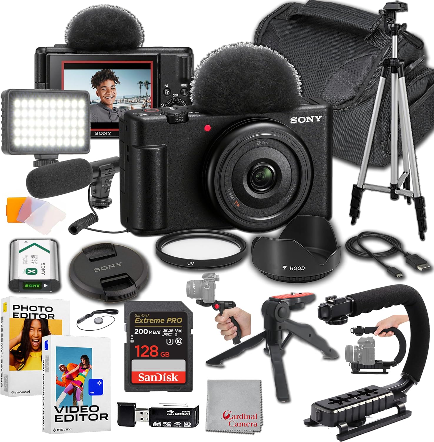 Sony ZV-1F camera with Bluetooth grip on a tech-focused desk setup
