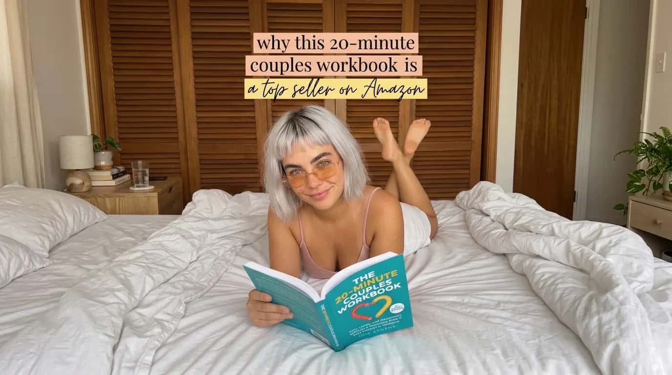 Woman reading The 20-Minute Couples Workbook on a bed