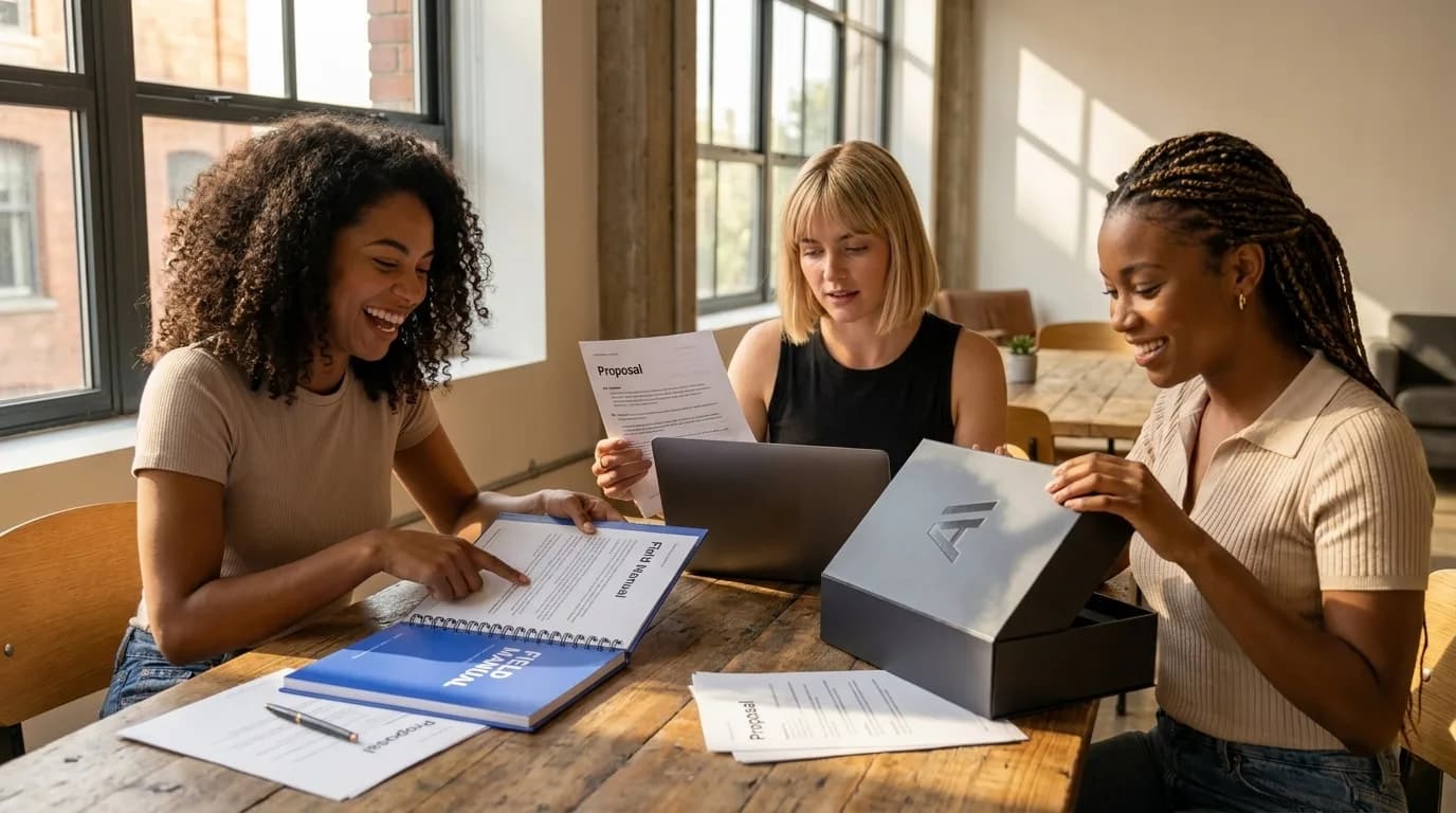 Three people at a work table reviewing a field manual, a proposal and a boxed AI playbook