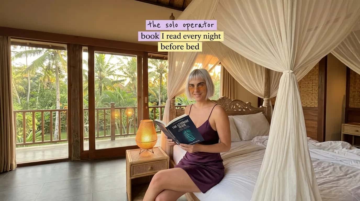Woman reading The Leverage Stack on a bed