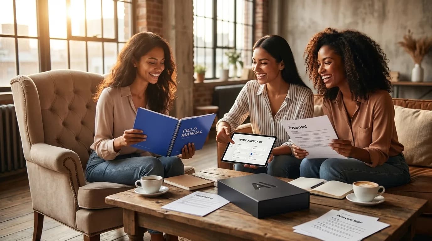 Three freelancers reviewing the AI SEO Agency OS field manual, a tablet and a printed proposal