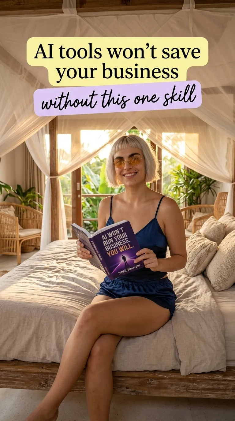 Woman holding AI Won't Run Your Business. You Will. on a bed