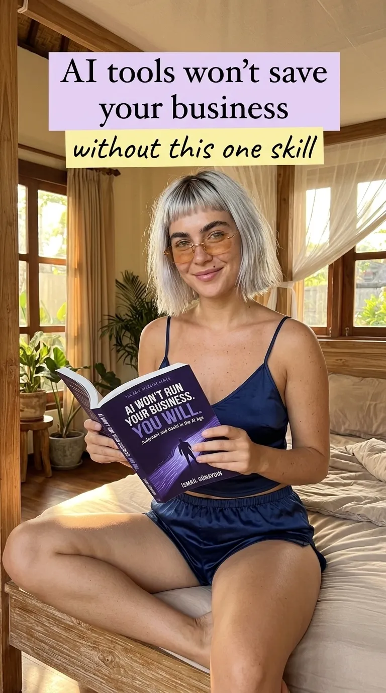 Woman reading AI Won't Run Your Business. You Will. at home