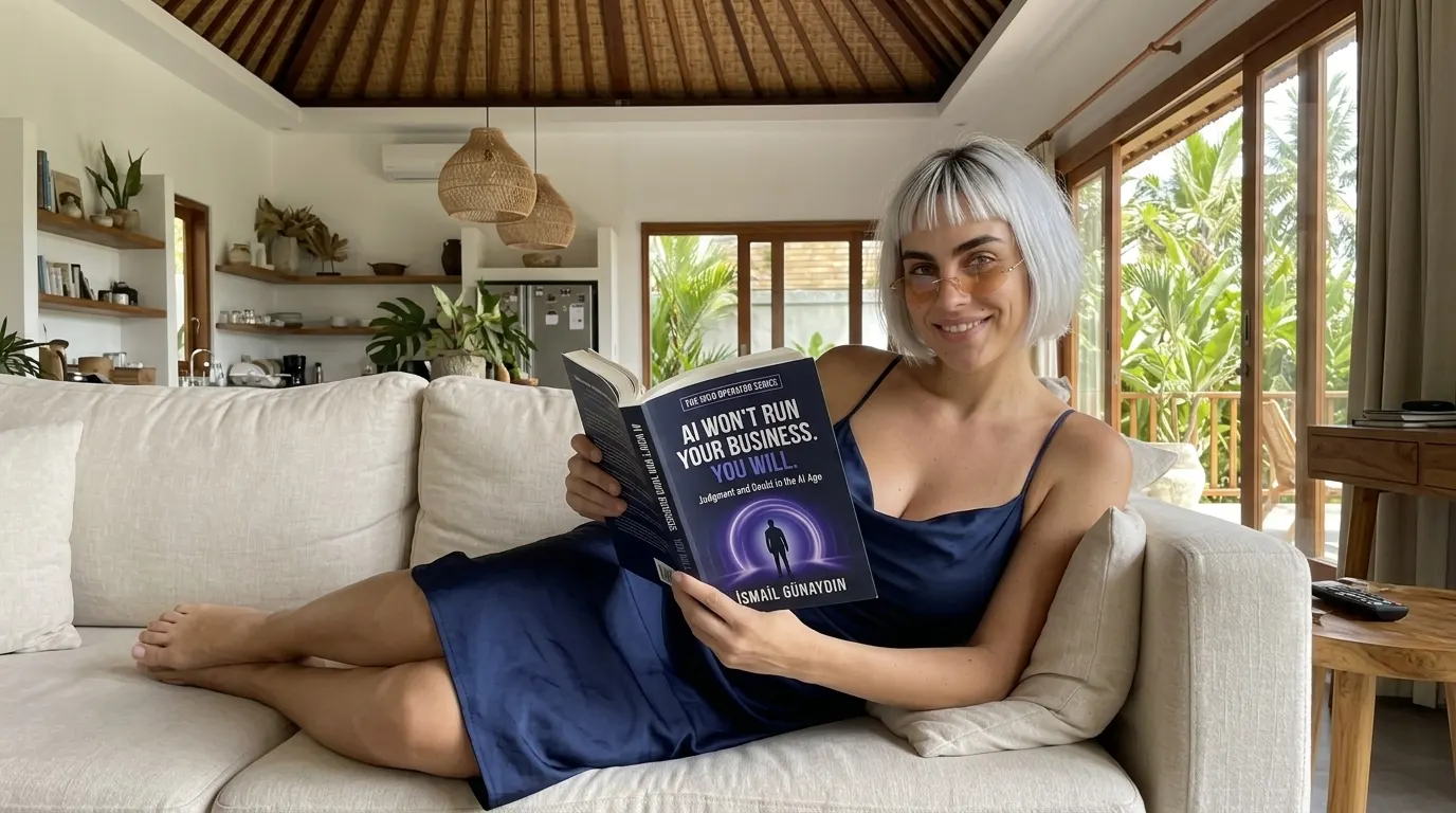 Woman reading AI Won't Run Your Business. You Will. in a living room