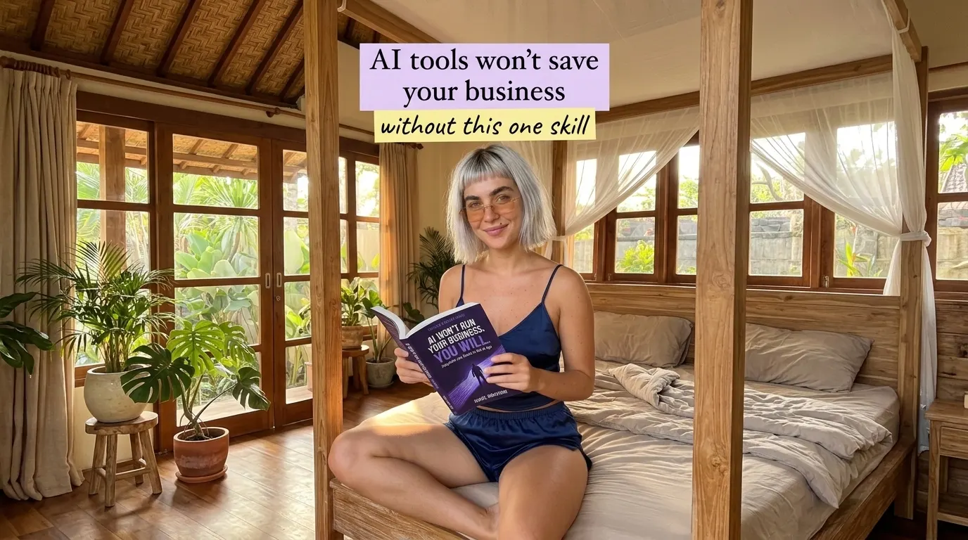Woman reading AI Won't Run Your Business. You Will. on a canopy bed