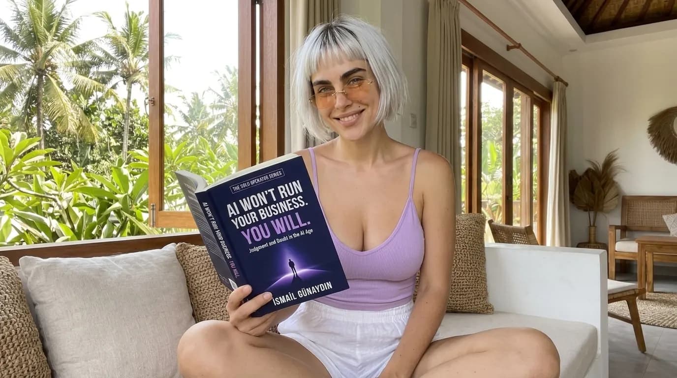 Woman reading AI Won't Run Your Business. You Will. on a sofa