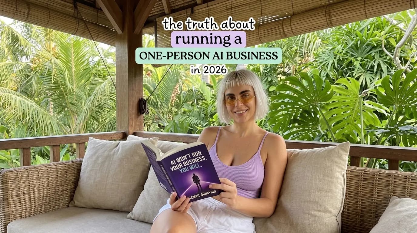 Woman reading AI Won't Run Your Business. You Will. on a veranda