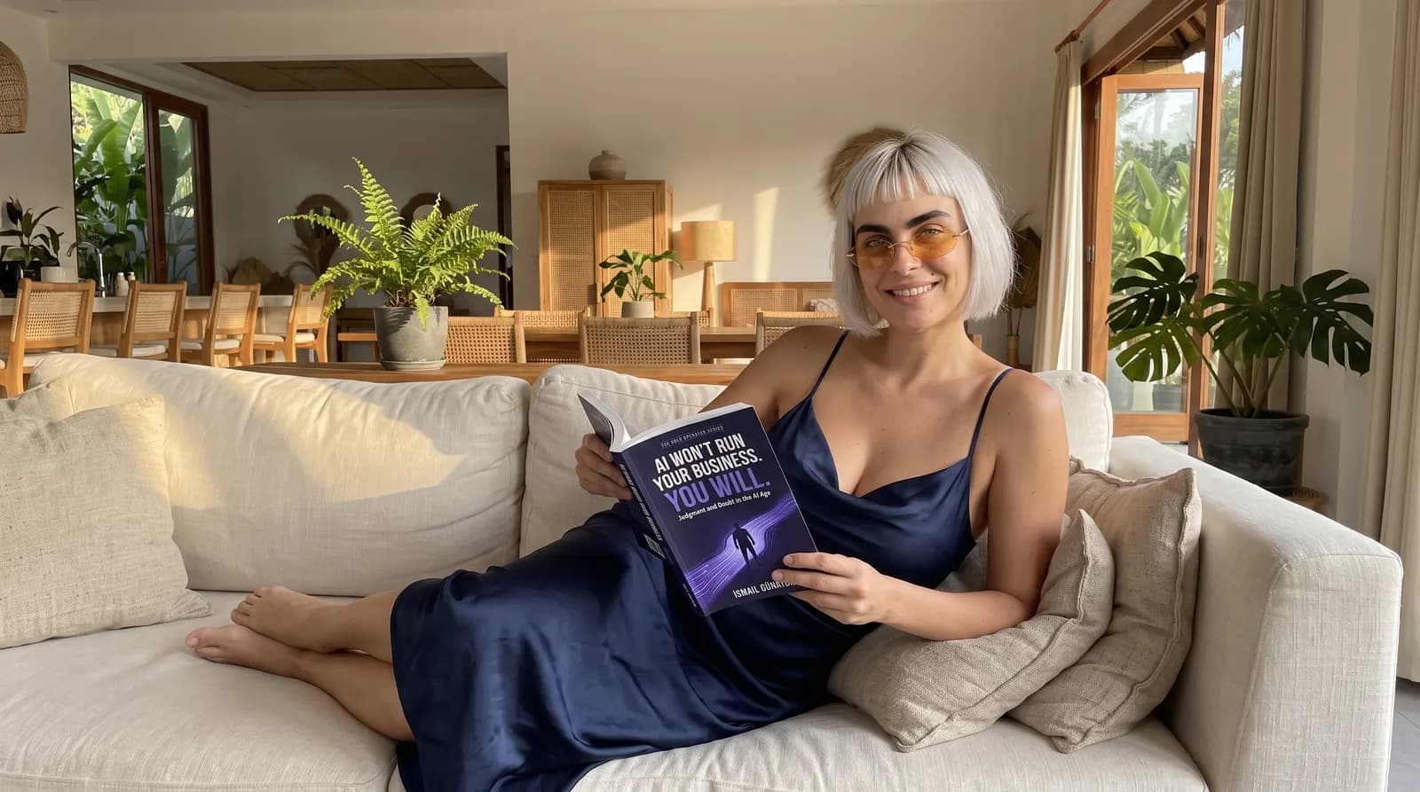 Woman reading AI Won't Run Your Business. You Will. on a white sofa