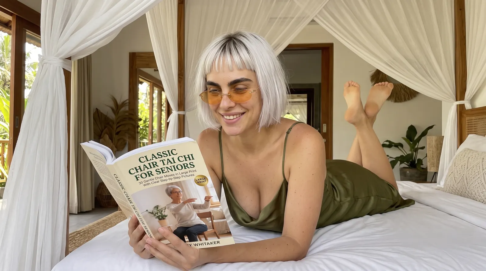 Woman reading Classic Chair Tai Chi for Seniors on a canopy bed