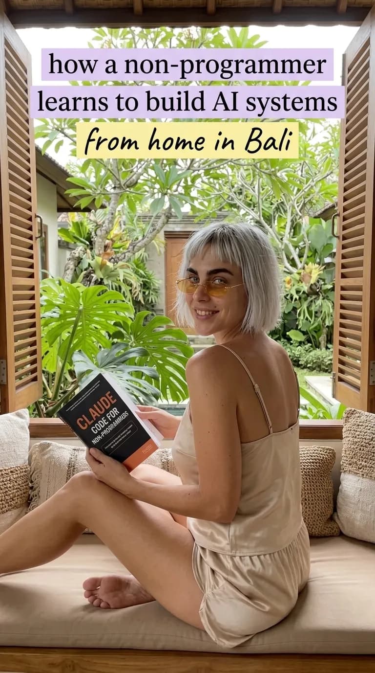 Woman holding Claude Code for Non-Programmers in a villa