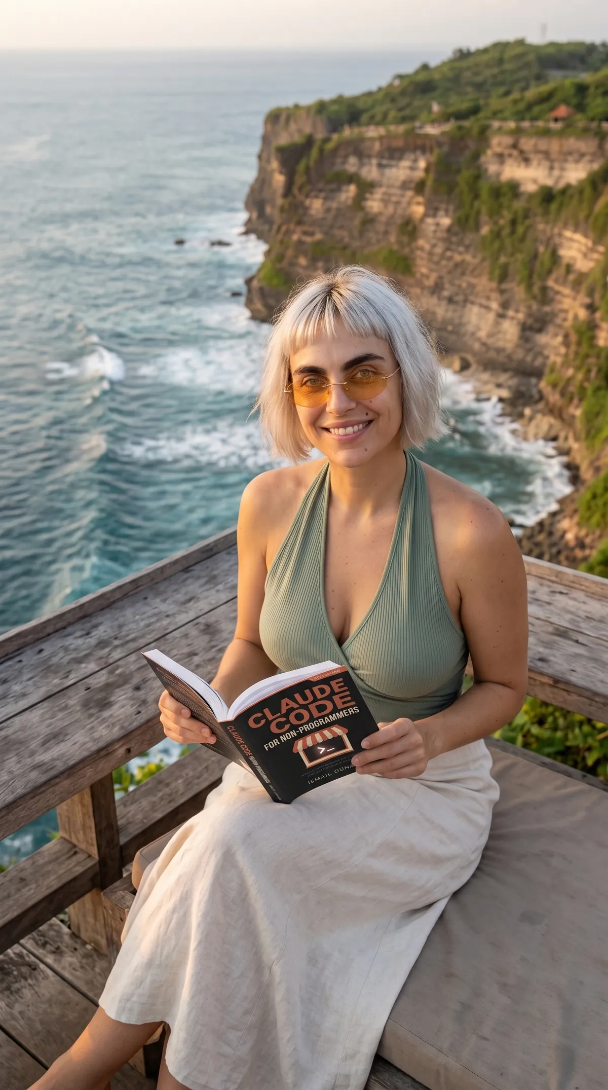 Woman reading Claude Code for Non-Programmers by the ocean