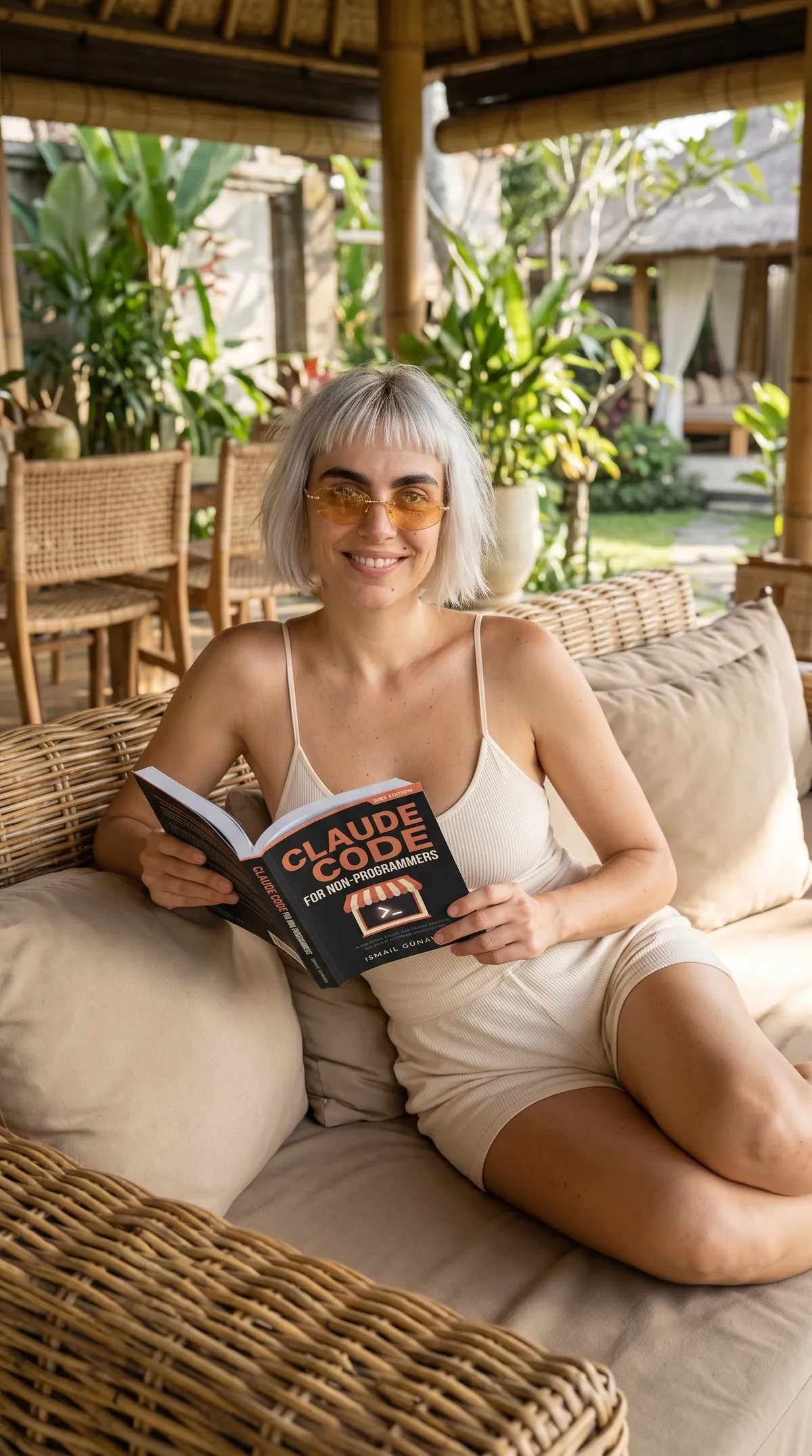 Woman reading Claude Code for Non-Programmers on a sofa