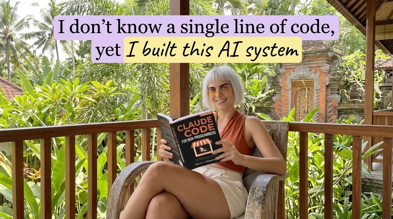Woman reading Claude Code for Non-Programmers on a balcony