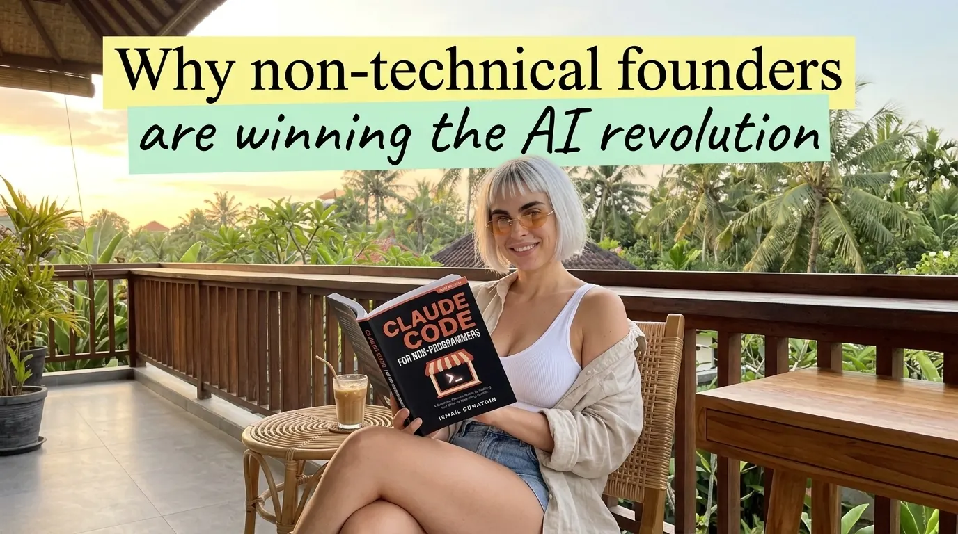 Woman reading Claude Code for Non-Programmers on a terrace