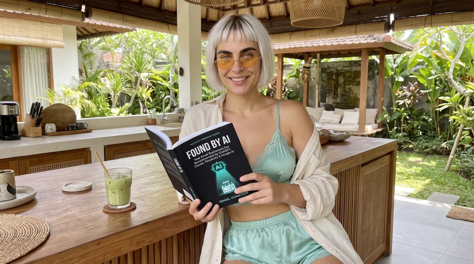 Woman reading Found by AI at a kitchen table
