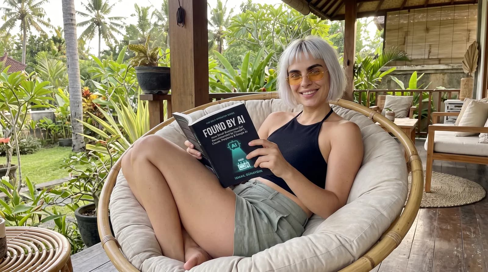 Woman reading Found by AI in a papasan chair