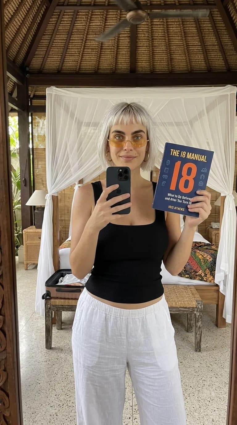 Woman holding up The 18 Manual in a bedroom mirror
