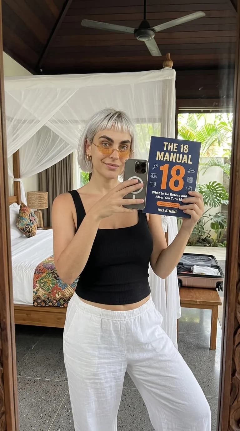 Woman taking a mirror selfie while holding The 18 Manual