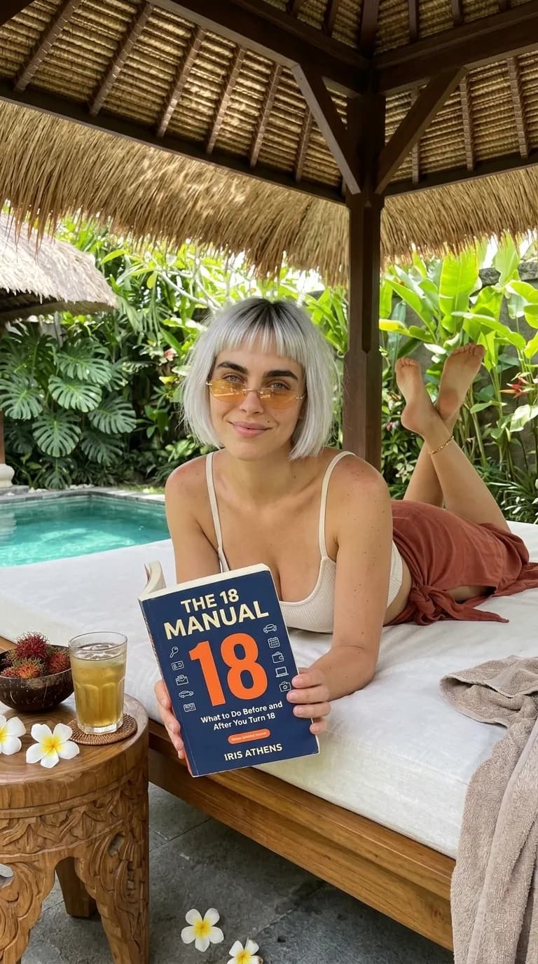 Woman holding up The 18 Manual on a poolside daybed