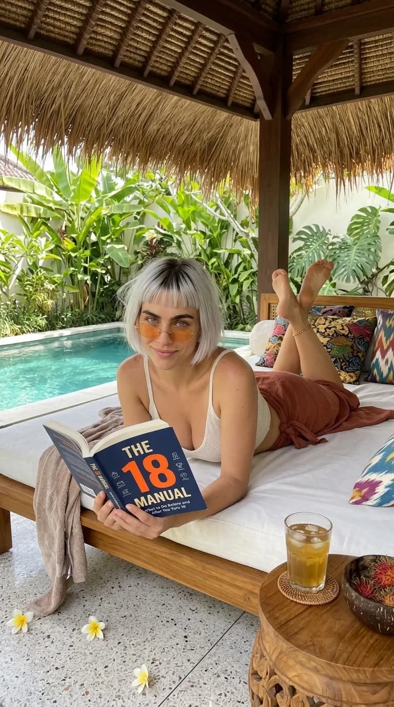 Woman reading The 18 Manual on a daybed by the pool