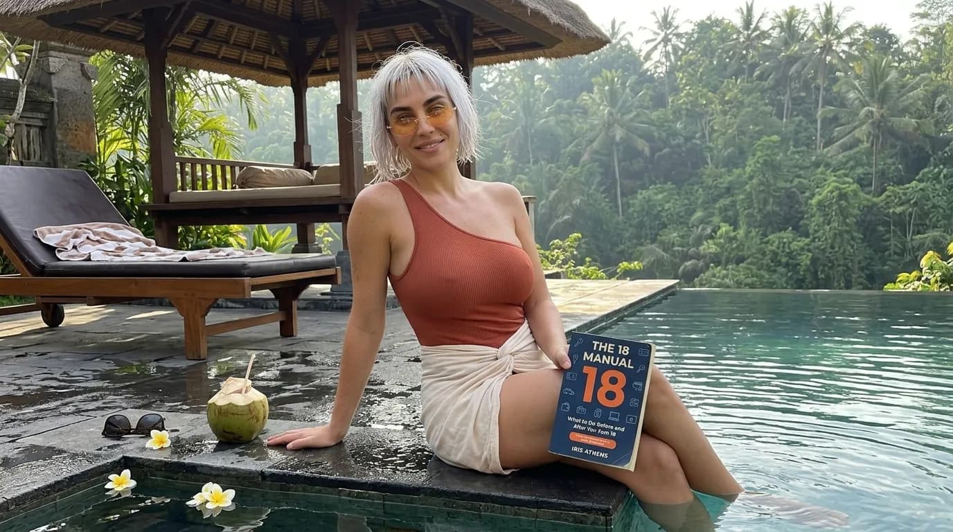 Woman holding The 18 Manual on the edge of an infinity pool above the jungle
