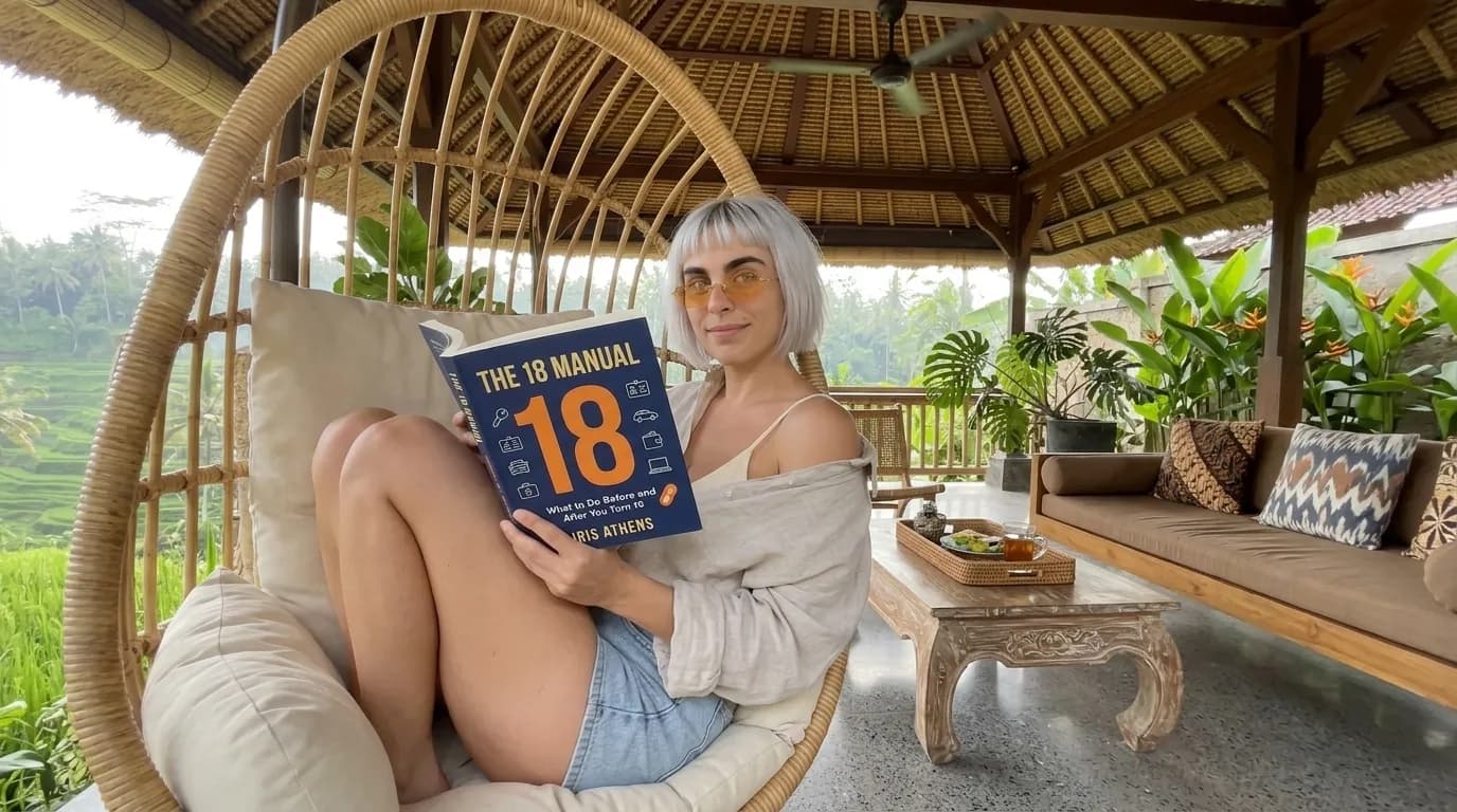Woman reading The 18 Manual in a rattan egg chair with rice terraces behind