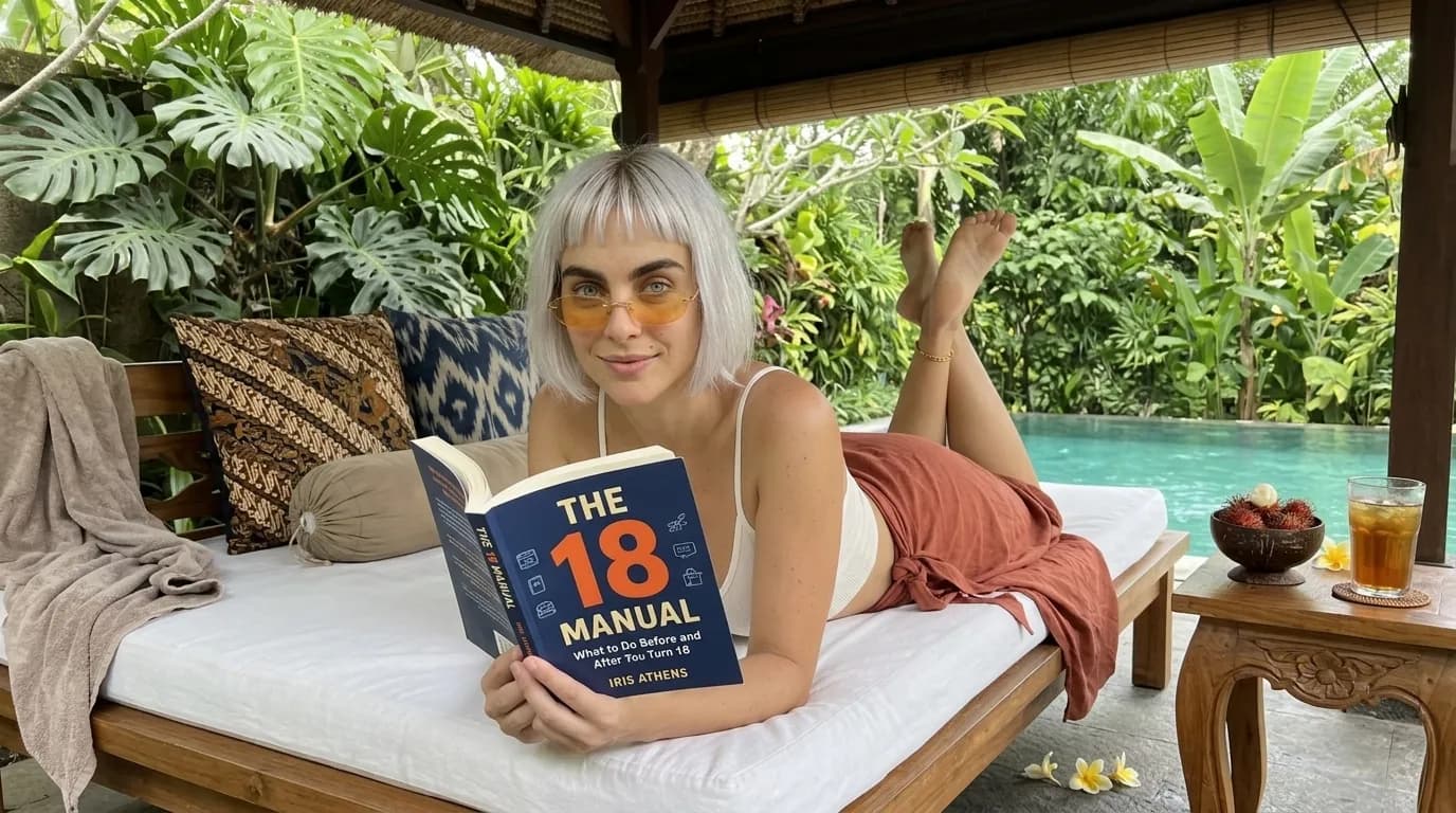 Woman reading The 18 Manual on a daybed surrounded by tropical plants