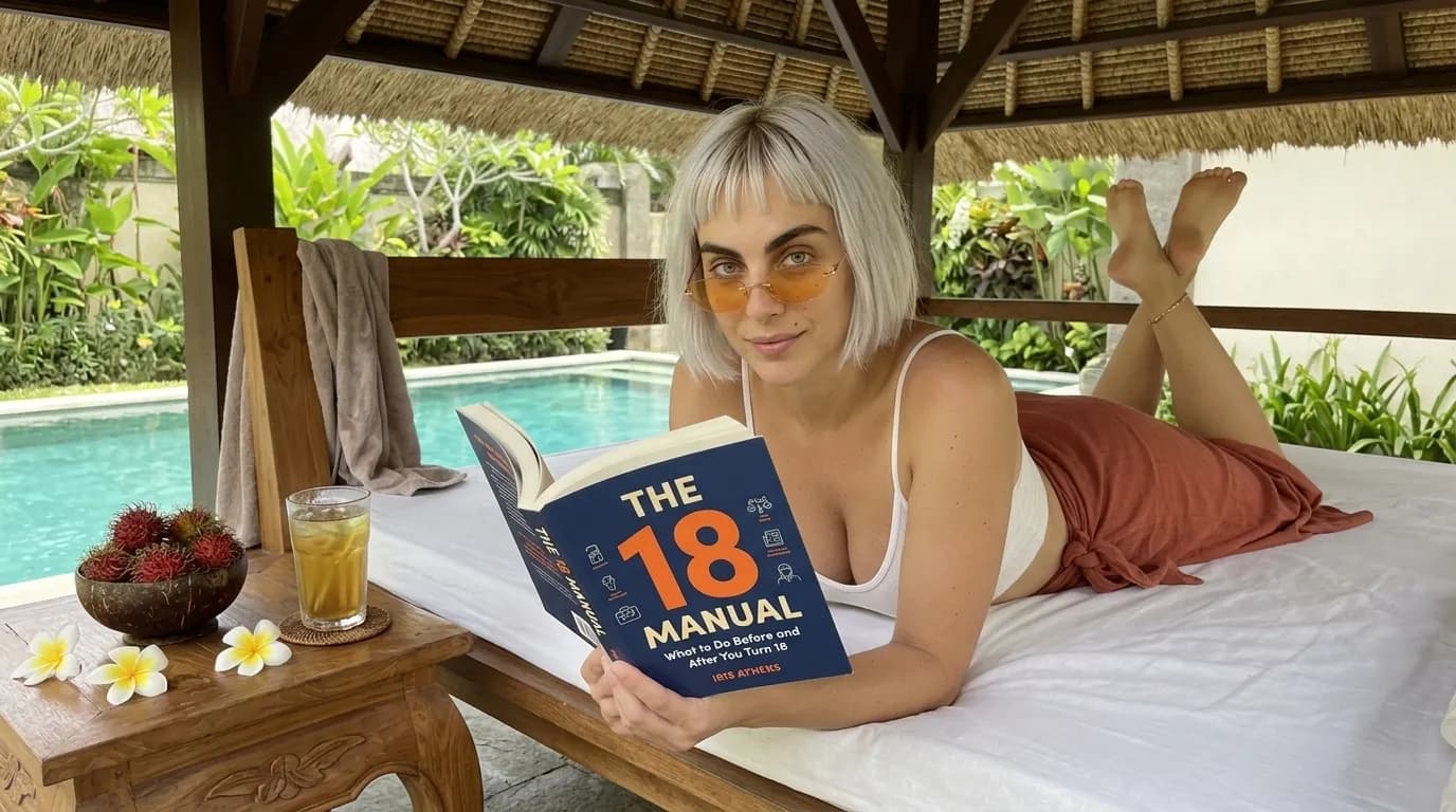 Woman reading The 18 Manual on a poolside daybed