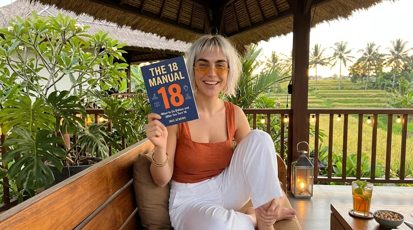 Woman holding up The 18 Manual on a terrace above the rice fields