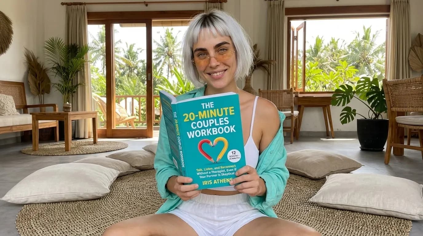 Woman reading The 20-Minute Couples Workbook in a bright living room