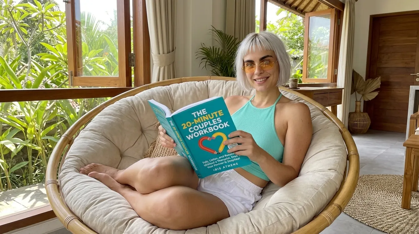 Woman reading The 20-Minute Couples Workbook in a papasan chair