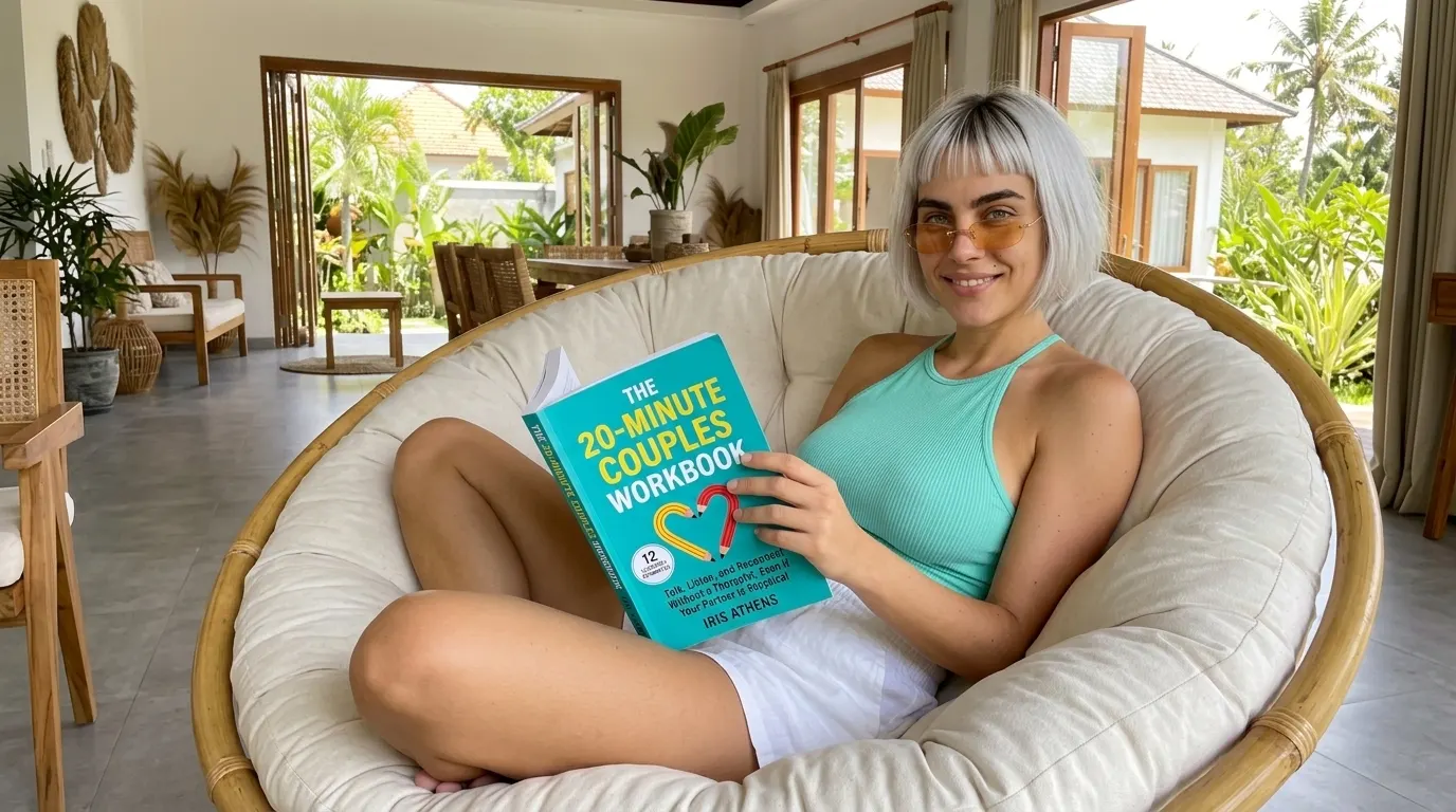 Woman reading The 20-Minute Couples Workbook in a round chair