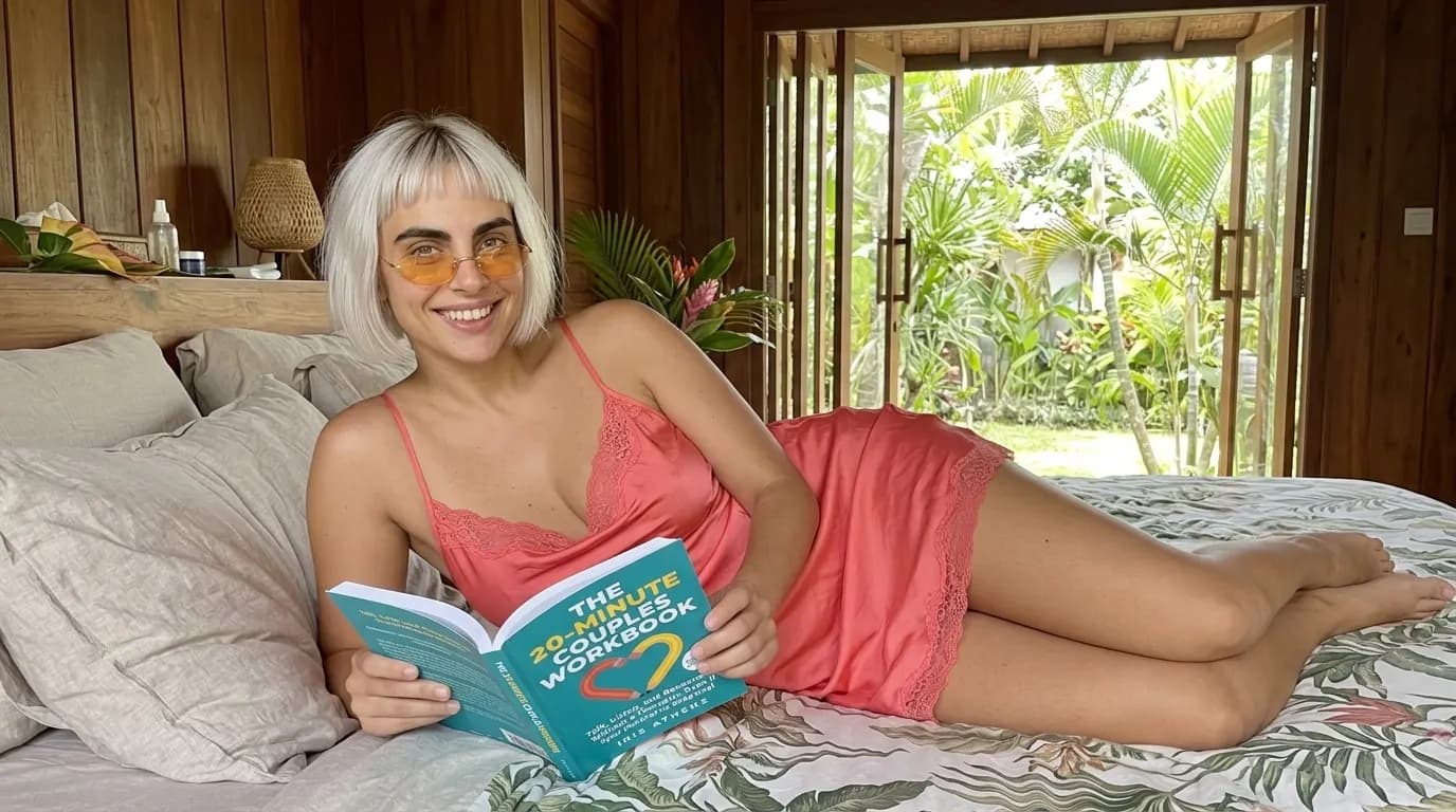 Woman reading The 20-Minute Couples Workbook on a quilted bed
