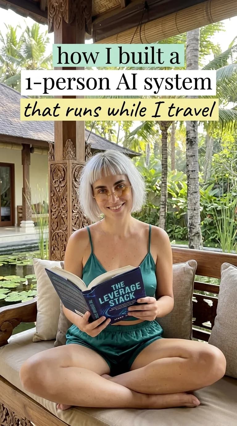 Woman reading The Leverage Stack in a villa