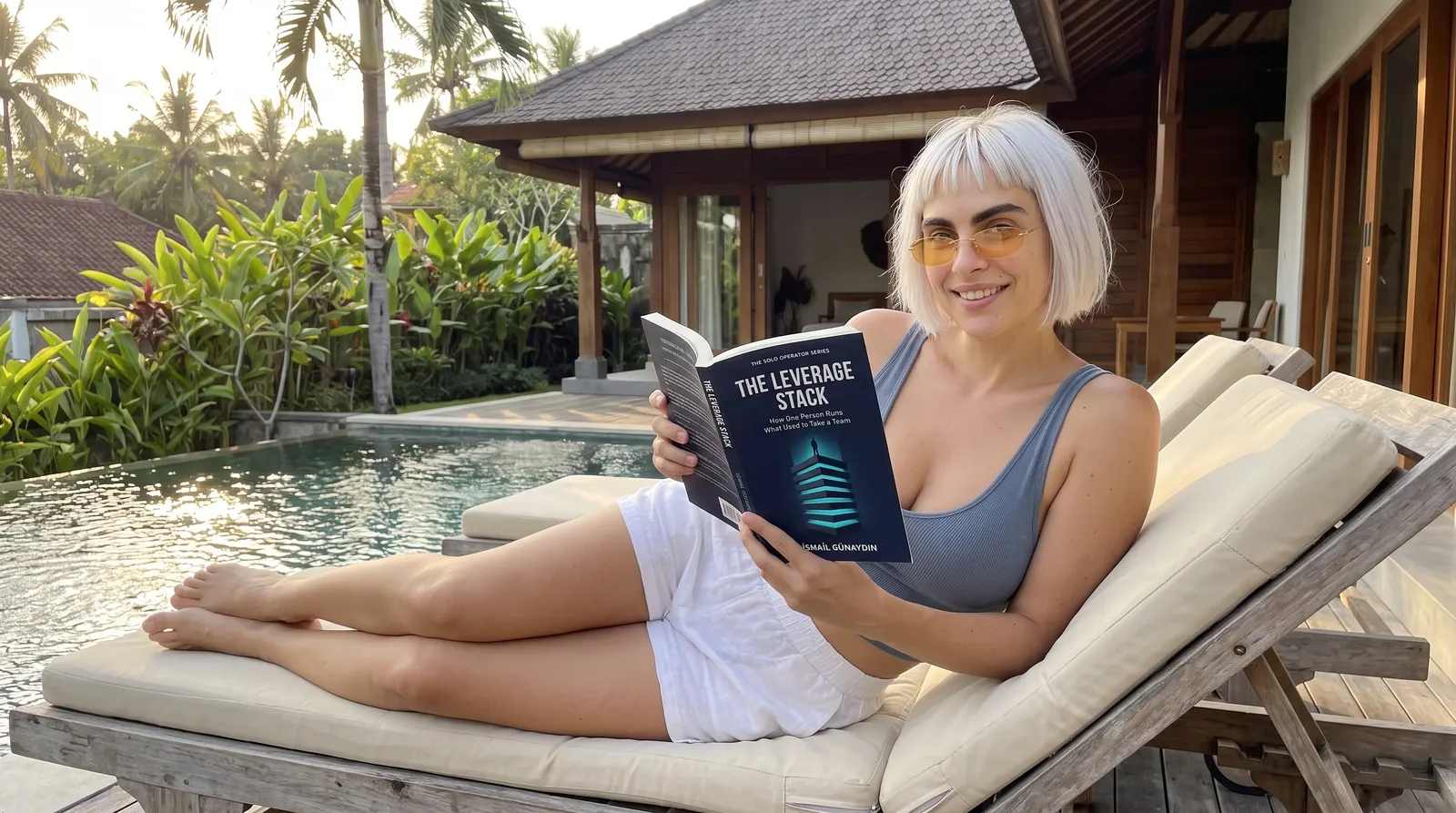 Woman reading The Leverage Stack by a pool