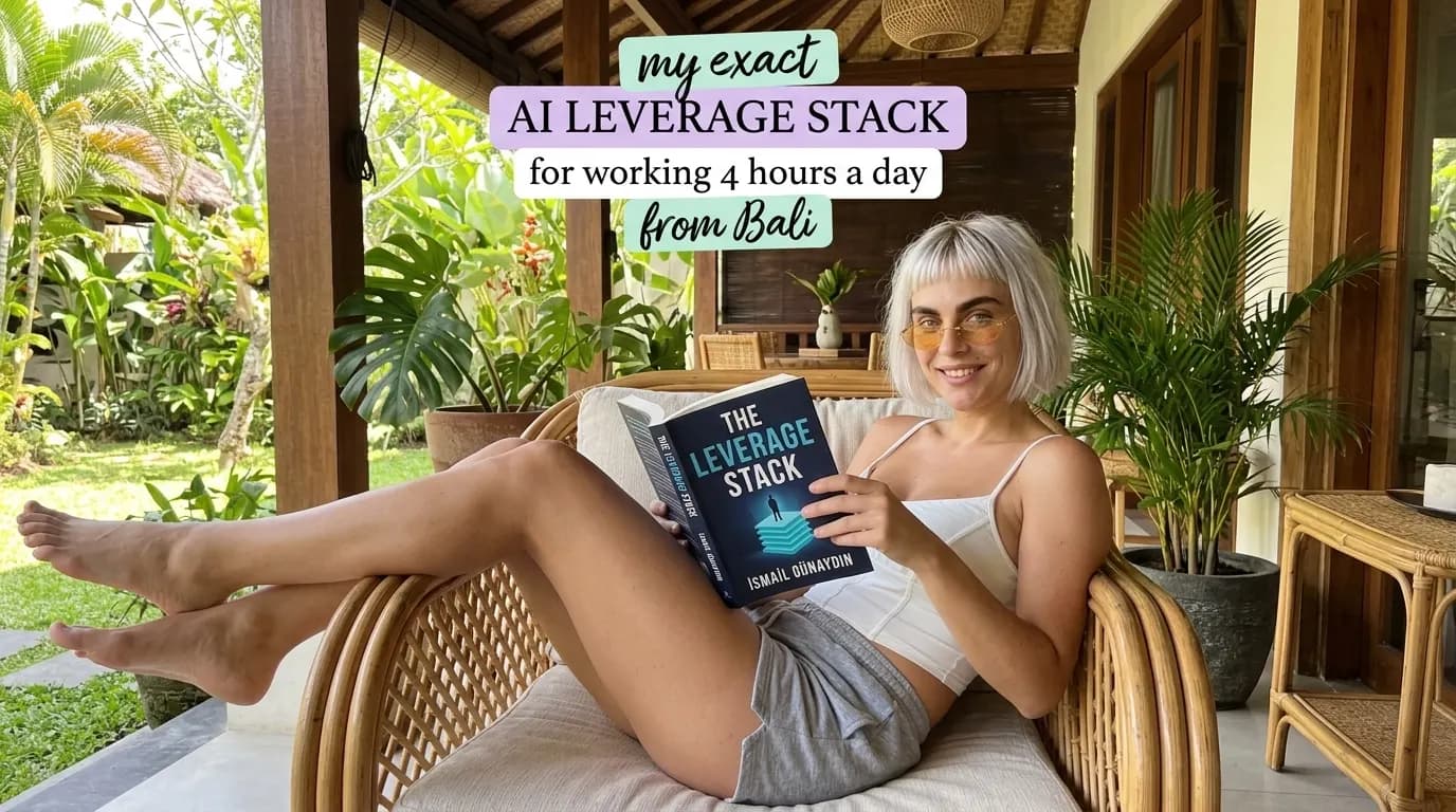 Woman reading The Leverage Stack in a rattan chair