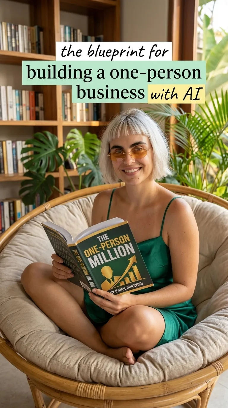 Woman reading The One-Person Million in a chair