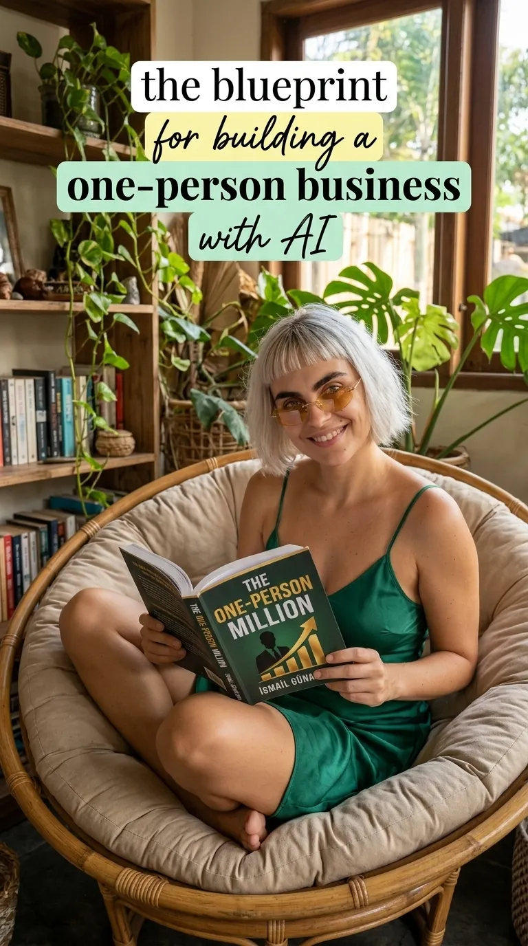 Woman reading The One-Person Million in a chair